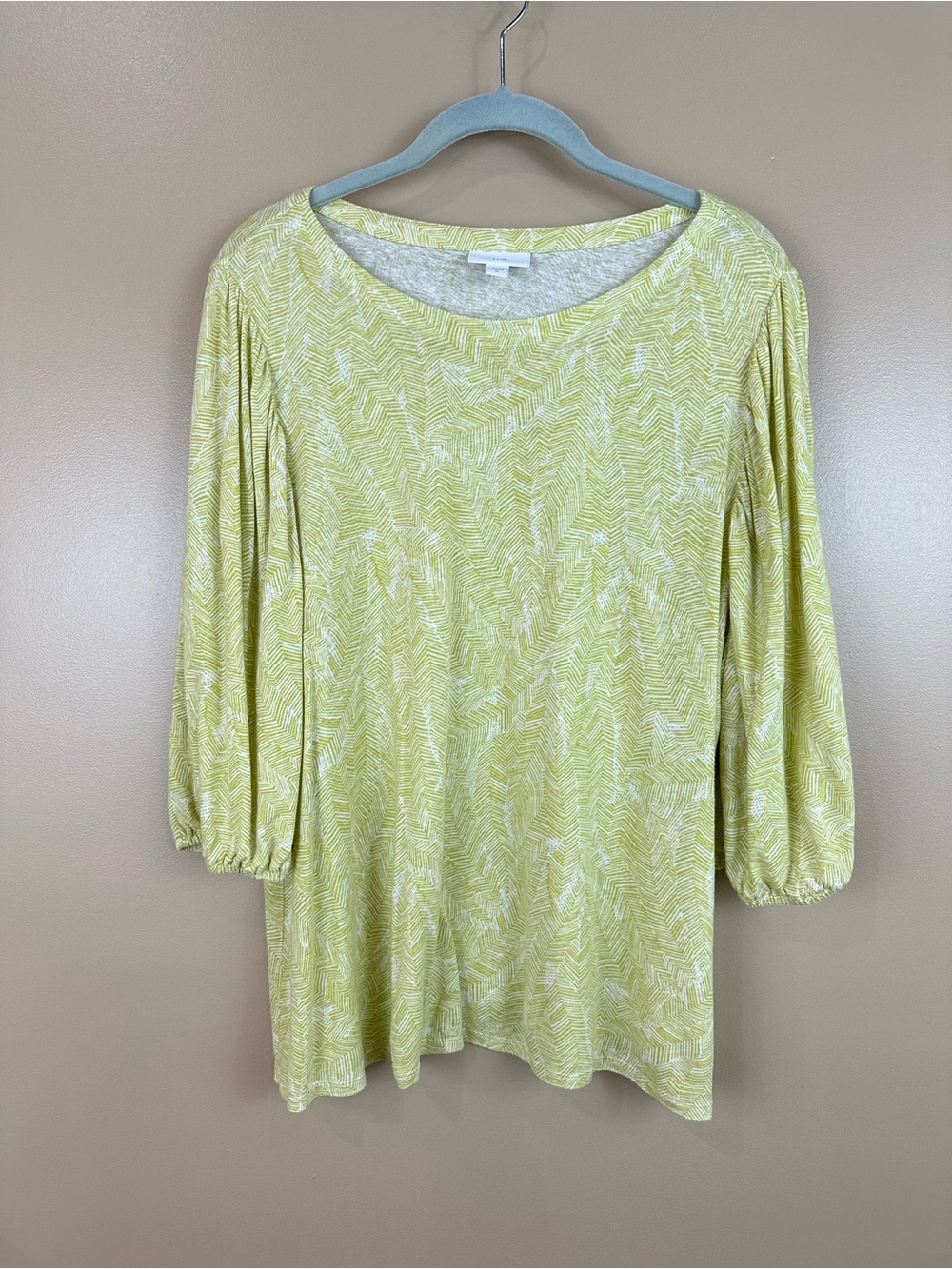J.Jill Linen Blend Top Lime Green Abstract Leaf Print Balloon Sleeve XL Casual